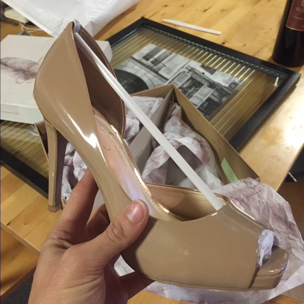 Jessica Simpson nude patent leather peep-toe pumps